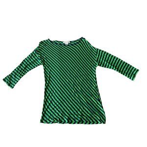 Liz Claiborne Green & Navy Striped Rayon Boatneck 3/4 Sleeve Top M